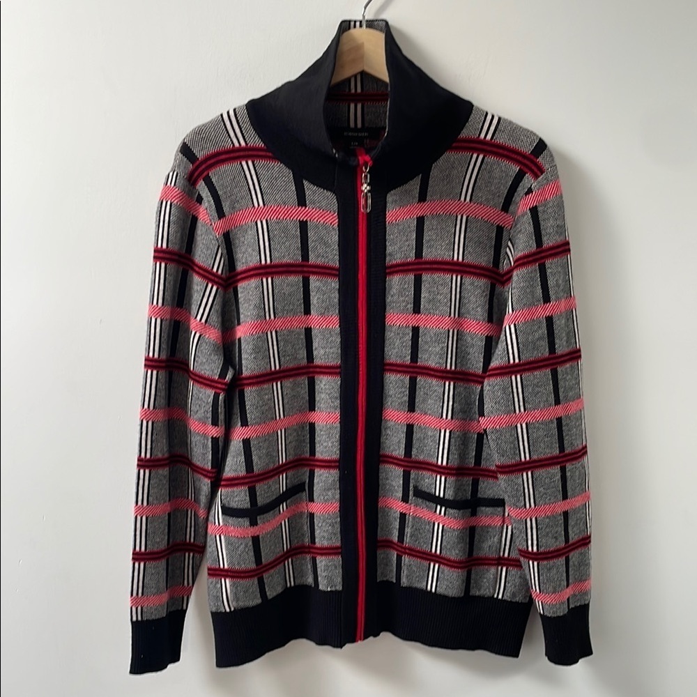 Alison Sheri plaid checkered cardigan jacket zip up L red white black collar